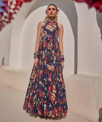 Navy blue embroidered chiffon gown 5