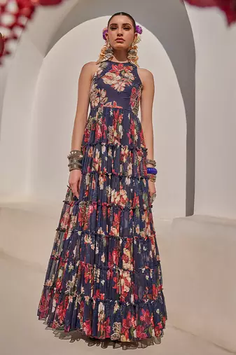 Navy blue embroidered chiffon gown