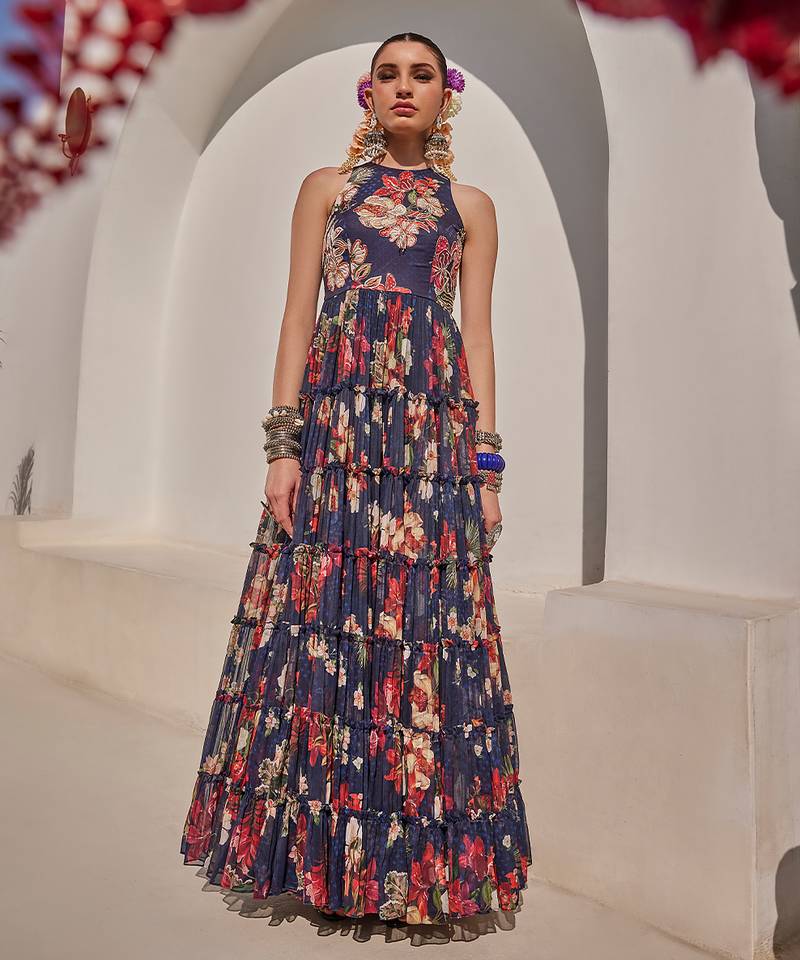 Navy blue embroidered chiffon gown