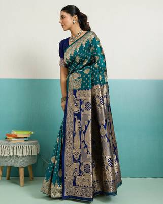 Teal banarasi silk blend zari woven saree with unstitched blouse piece 2