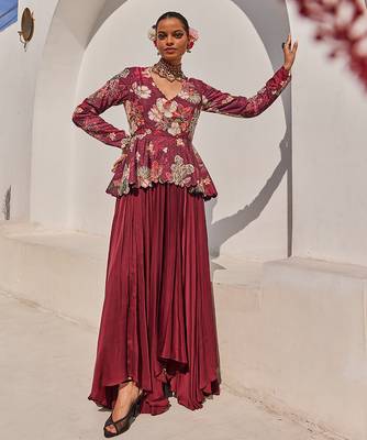 Wine embroidered satin chiffon gown 1