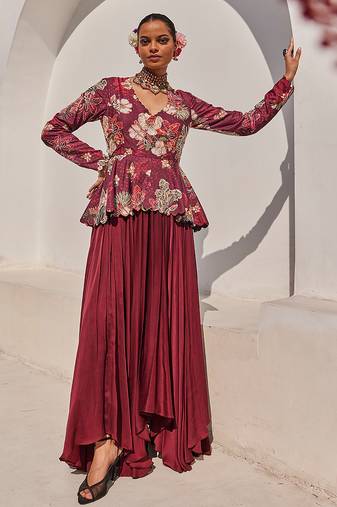 Wine embroidered satin chiffon gown