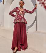 Wine embroidered satin chiffon gown