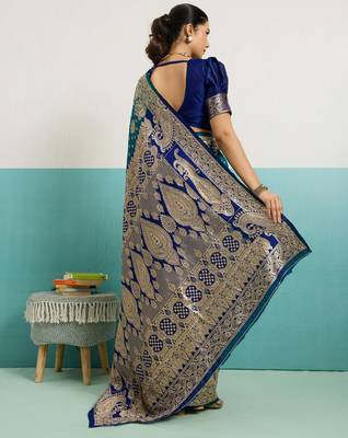 Teal banarasi silk blend zari woven saree with unstitched blouse piece 3