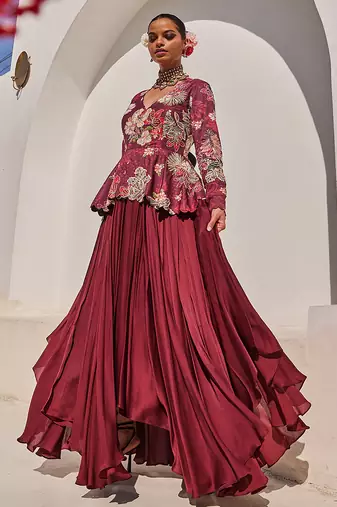 Wine embroidered satin chiffon gown