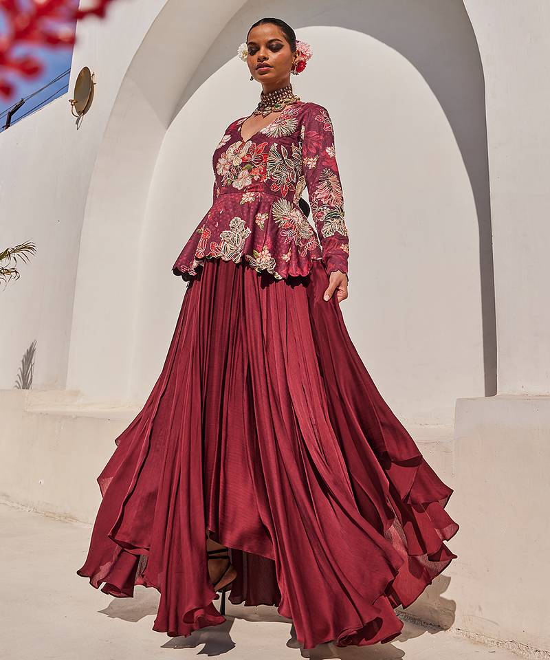 Wine embroidered satin chiffon gown