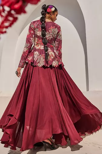Wine embroidered satin chiffon gown