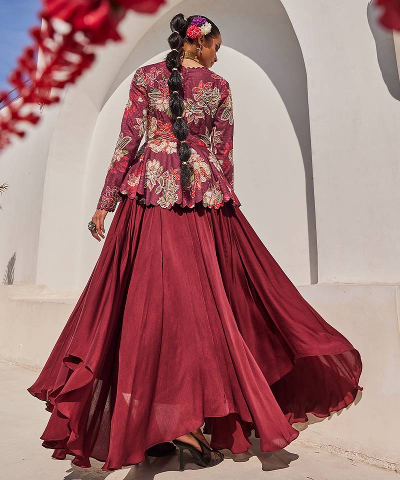Wine embroidered satin chiffon gown