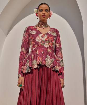Wine embroidered satin chiffon gown 4