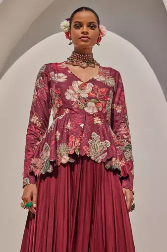 Wine embroidered satin chiffon gown
