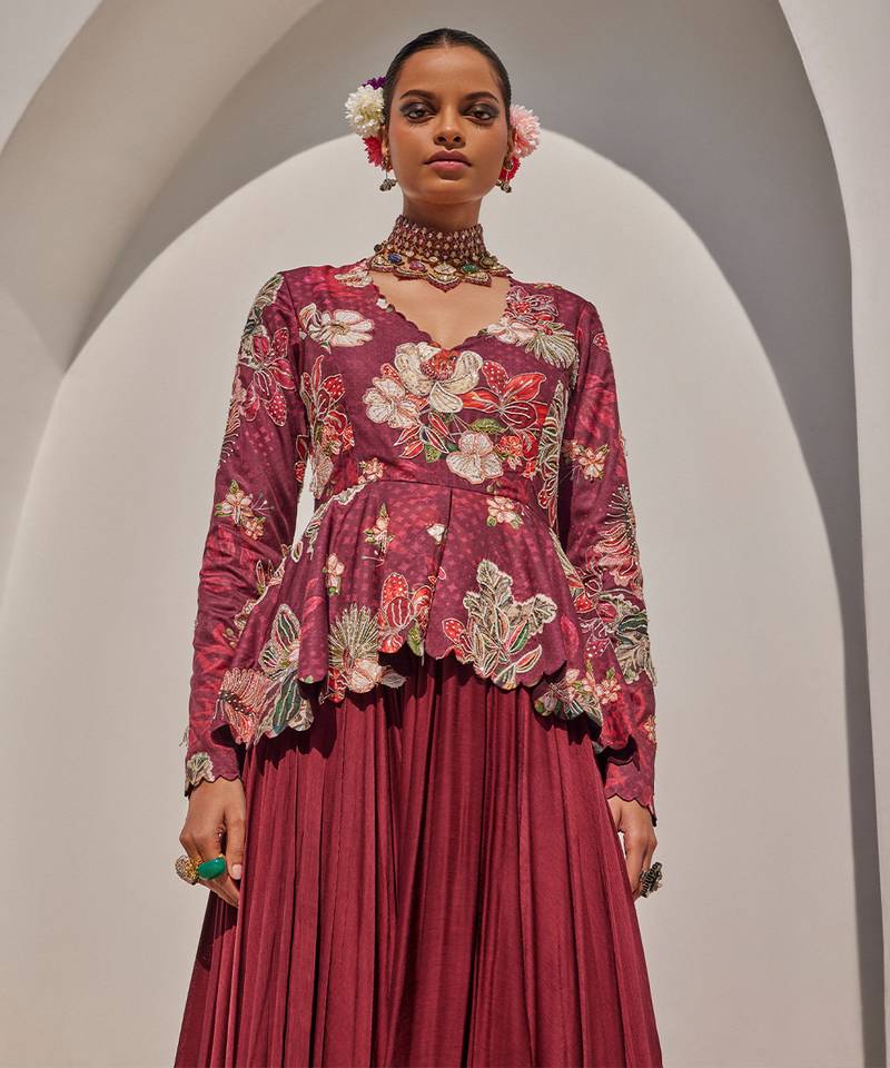 Wine embroidered satin chiffon gown