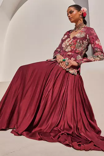 Wine embroidered satin chiffon gown