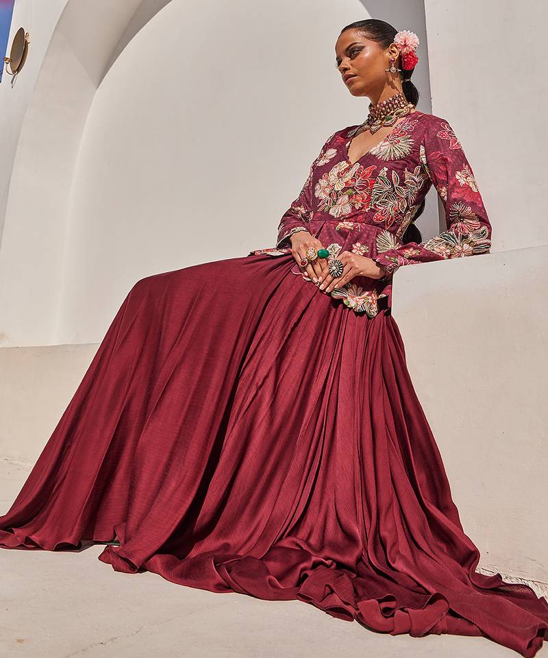Wine embroidered satin chiffon gown