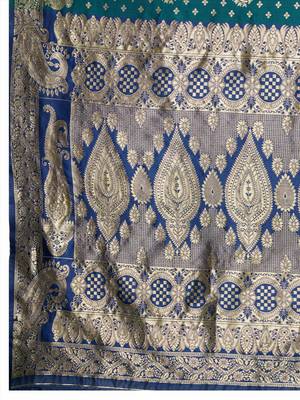 Teal banarasi silk blend zari woven saree with unstitched blouse piece 5