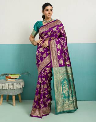 Purple banarasi silk blend zari woven saree with unstitched blouse piece 1