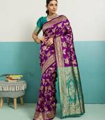 Purple banarasi art silk blend zari woven saree with unstitched blouse piece