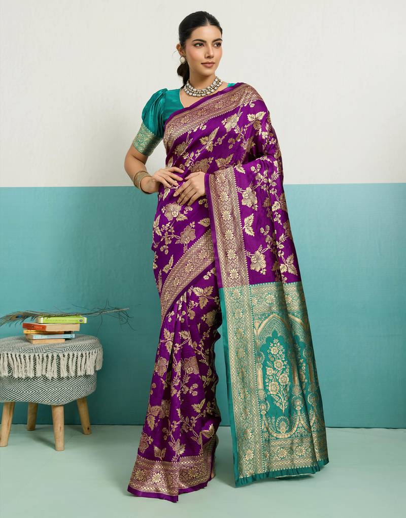 Purple banarasi art silk blend zari woven saree with unstitched blouse piece