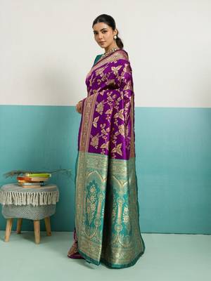 Purple banarasi silk blend zari woven saree with unstitched blouse piece 2