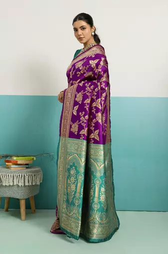 Purple banarasi silk blend zari woven saree with unstitched blouse piece