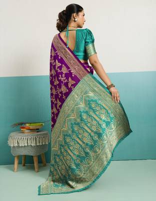 Purple banarasi silk blend zari woven saree with unstitched blouse piece 3