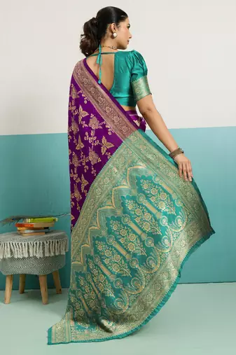 Purple banarasi silk blend zari woven saree with unstitched blouse piece
