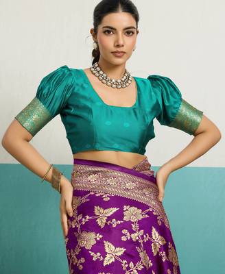 Purple banarasi silk blend zari woven saree with unstitched blouse piece 4