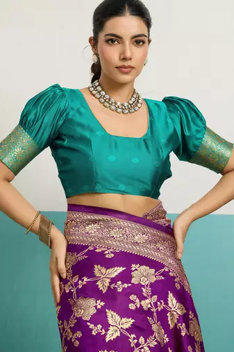Purple banarasi silk blend zari woven saree with unstitched blouse piece
