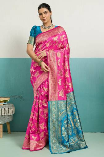 Magenta banarasi art silk blend zari woven saree with unstitched blouse piece