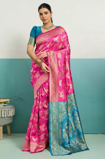Magenta banarasi silk blend zari woven saree with unstitched blouse piece