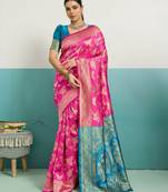 Magenta banarasi art silk blend zari woven saree with unstitched blouse piece