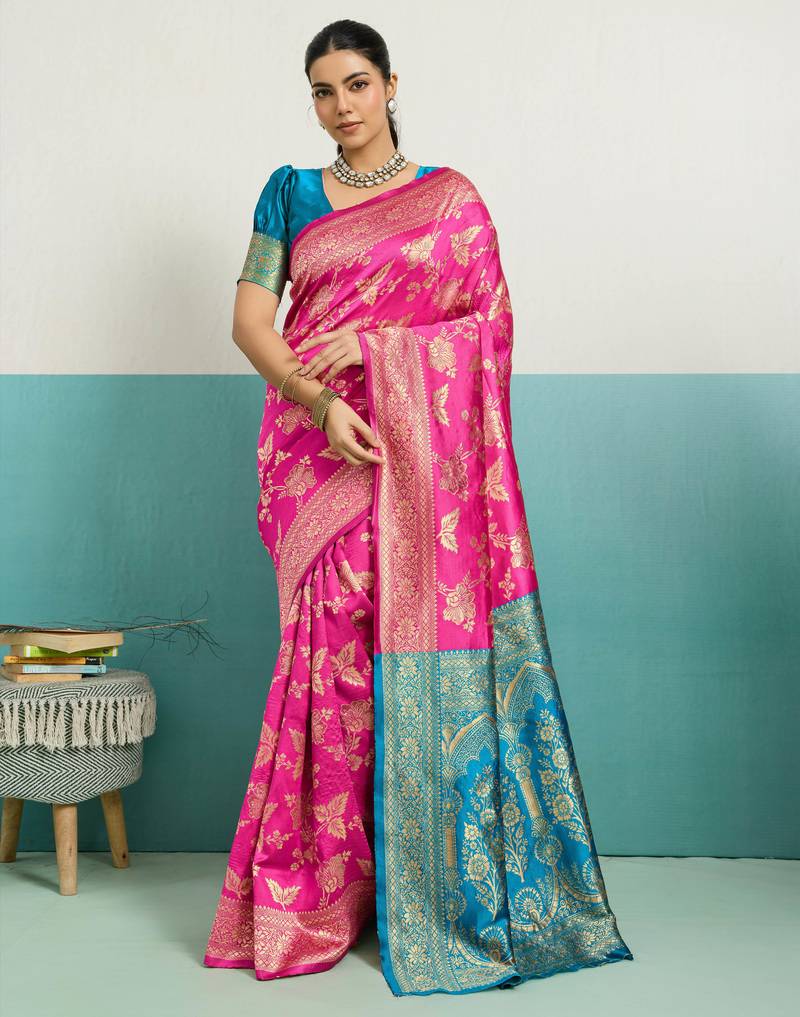 Magenta banarasi art silk blend zari woven saree with unstitched blouse piece