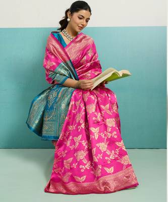 Magenta banarasi silk blend zari woven saree with unstitched blouse piece 2