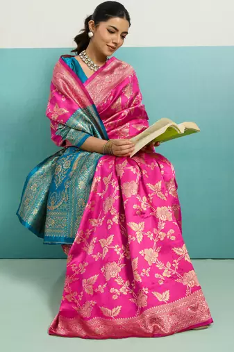 Magenta banarasi silk blend zari woven saree with unstitched blouse piece