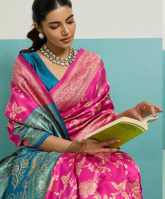 Magenta banarasi silk blend zari woven saree with unstitched blouse piece 3