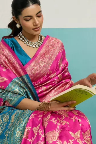 Magenta banarasi silk blend zari woven saree with unstitched blouse piece