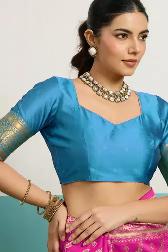Magenta banarasi silk blend zari woven saree with unstitched blouse piece