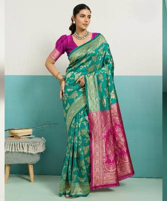 Turquoise banarasi silk blend zari woven saree with unstitched blouse piece 1