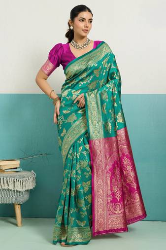 Turquoise banarasi art silk blend zari woven saree with unstitched blouse piece