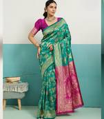Turquoise banarasi art silk blend zari woven saree with unstitched blouse piece
