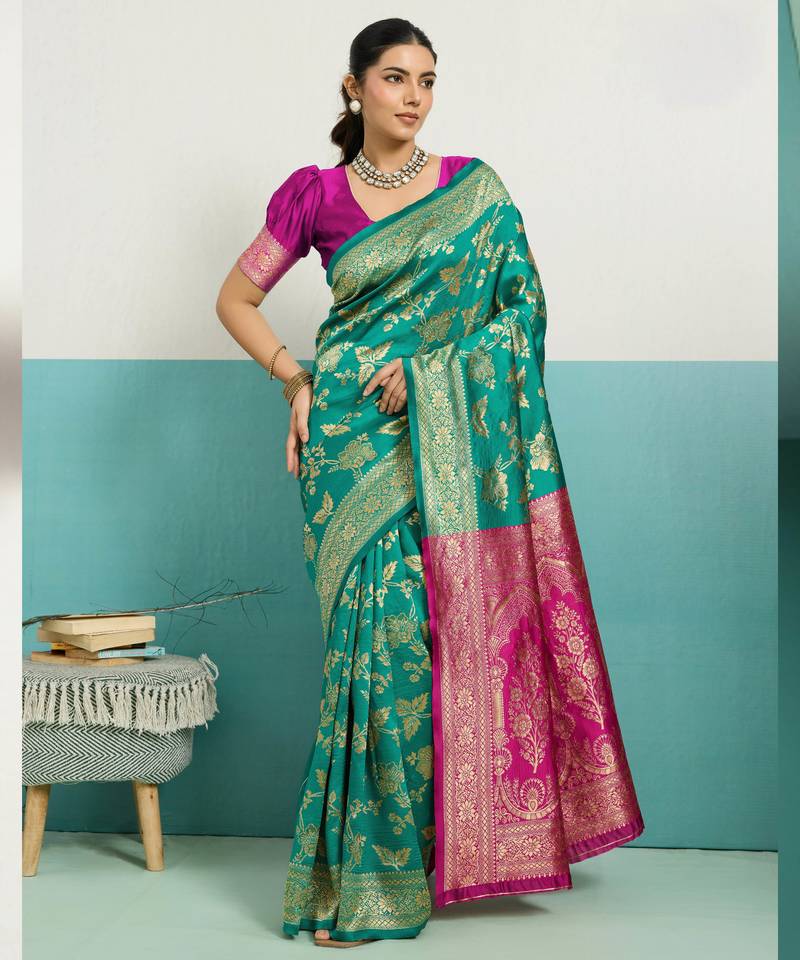 Turquoise banarasi art silk blend zari woven saree with unstitched blouse piece