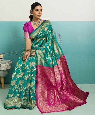 Turquoise banarasi silk blend zari woven saree with unstitched blouse piece 2