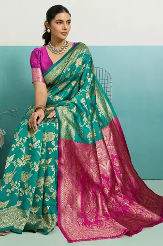 Turquoise banarasi art silk blend zari woven saree with unstitched blouse piece