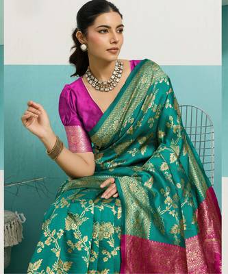 Turquoise banarasi silk blend zari woven saree with unstitched blouse piece 3
