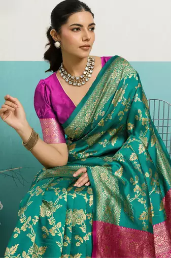 Turquoise banarasi art silk blend zari woven saree with unstitched blouse piece