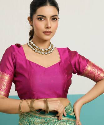 Turquoise banarasi silk blend zari woven saree with unstitched blouse piece 4