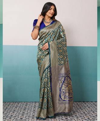 Teal banarasi art silk blend zari woven saree with unstitched blouse piece 1