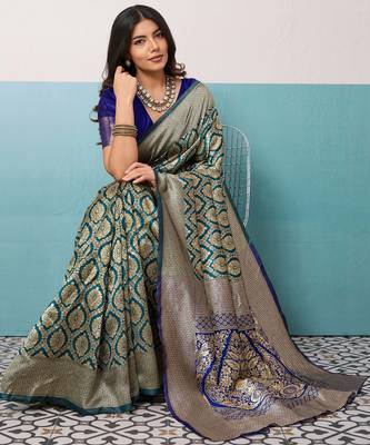 Teal banarasi art silk blend zari woven saree with unstitched blouse piece 2