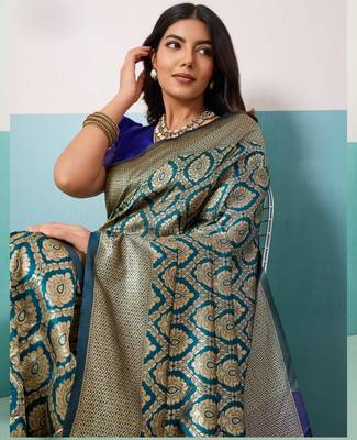 Teal banarasi art silk blend zari woven saree with unstitched blouse piece 3