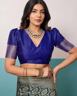 Teal banarasi art silk blend zari woven saree with unstitched blouse piece 4