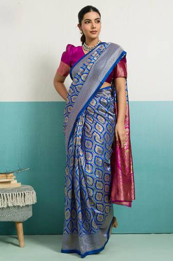 Magenta banarasi art silk blend zari woven saree with unstitched blouse piece